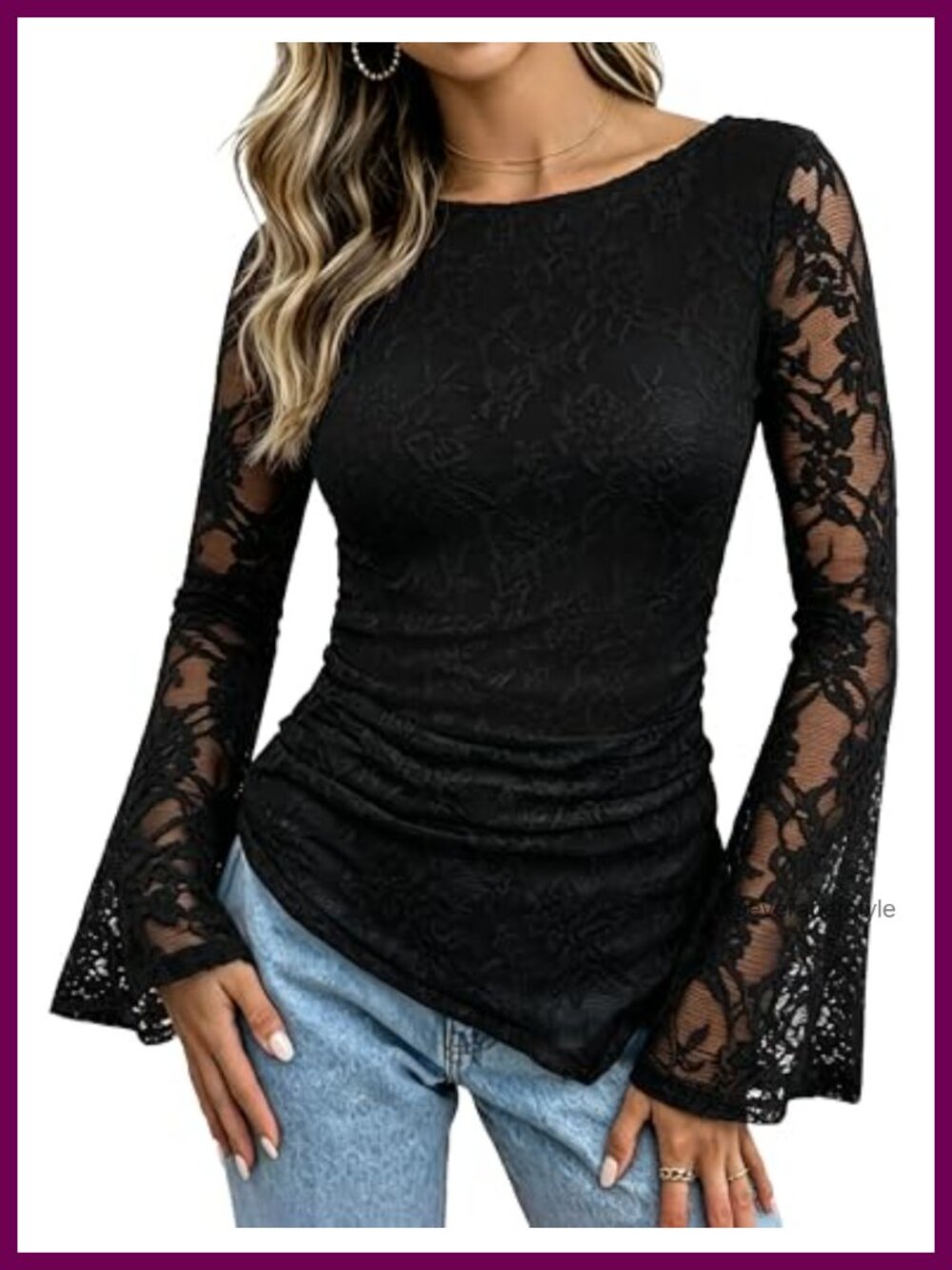 Lace Bell Sleeve Peplum Blouse Asymmetrical Ruched Dressy Top